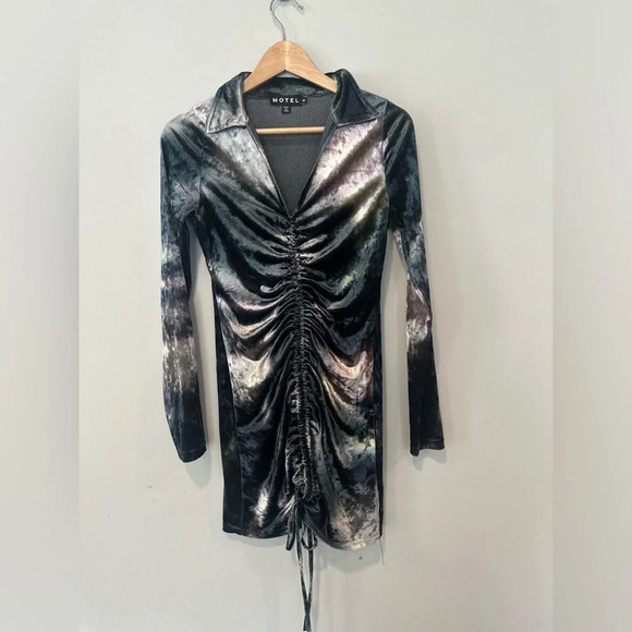 MOTEL x IRIS Aviva Y2k Mini Dress Velvet Ruched Abstract Camo medium 1290 - Picture 9 of 10